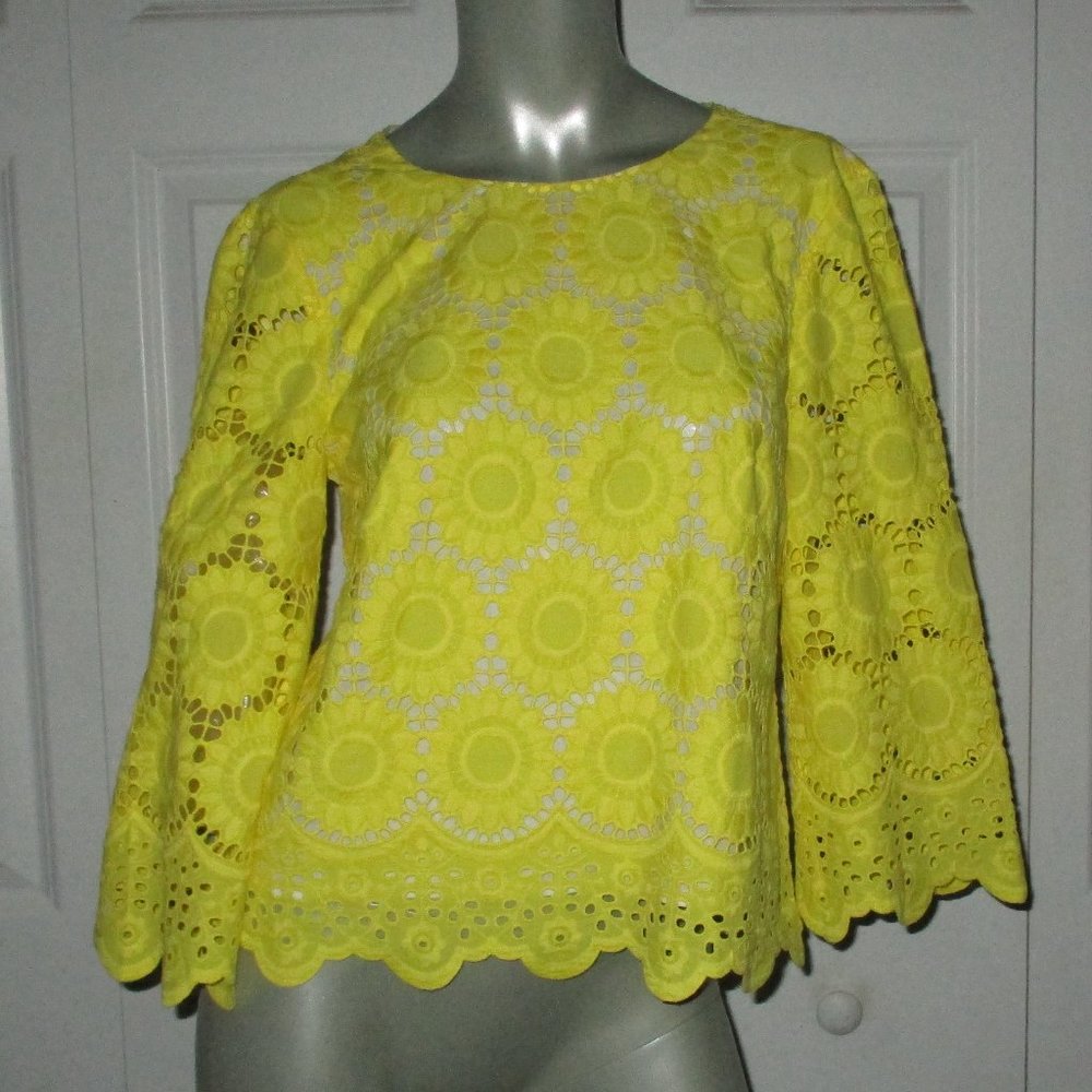 LILLY PULITZER Yellow Eyelet Scalloped Bell Sleeves Mariella Blouse